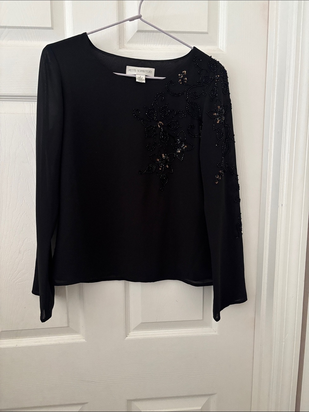 Petite Sophisticate Black Beaded Floral-Embellished Long Sleeve Blouse